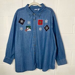 Holiday Editions Winter Denim Shirt‎ Snowmen Snowflakes Grannycore Oversized 2X